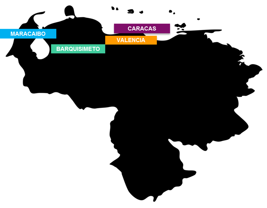 Map of Venezuela showing the location of Willis Towers Watson offices - Maracaibo, Caracas, Valencia, Barquisimeto