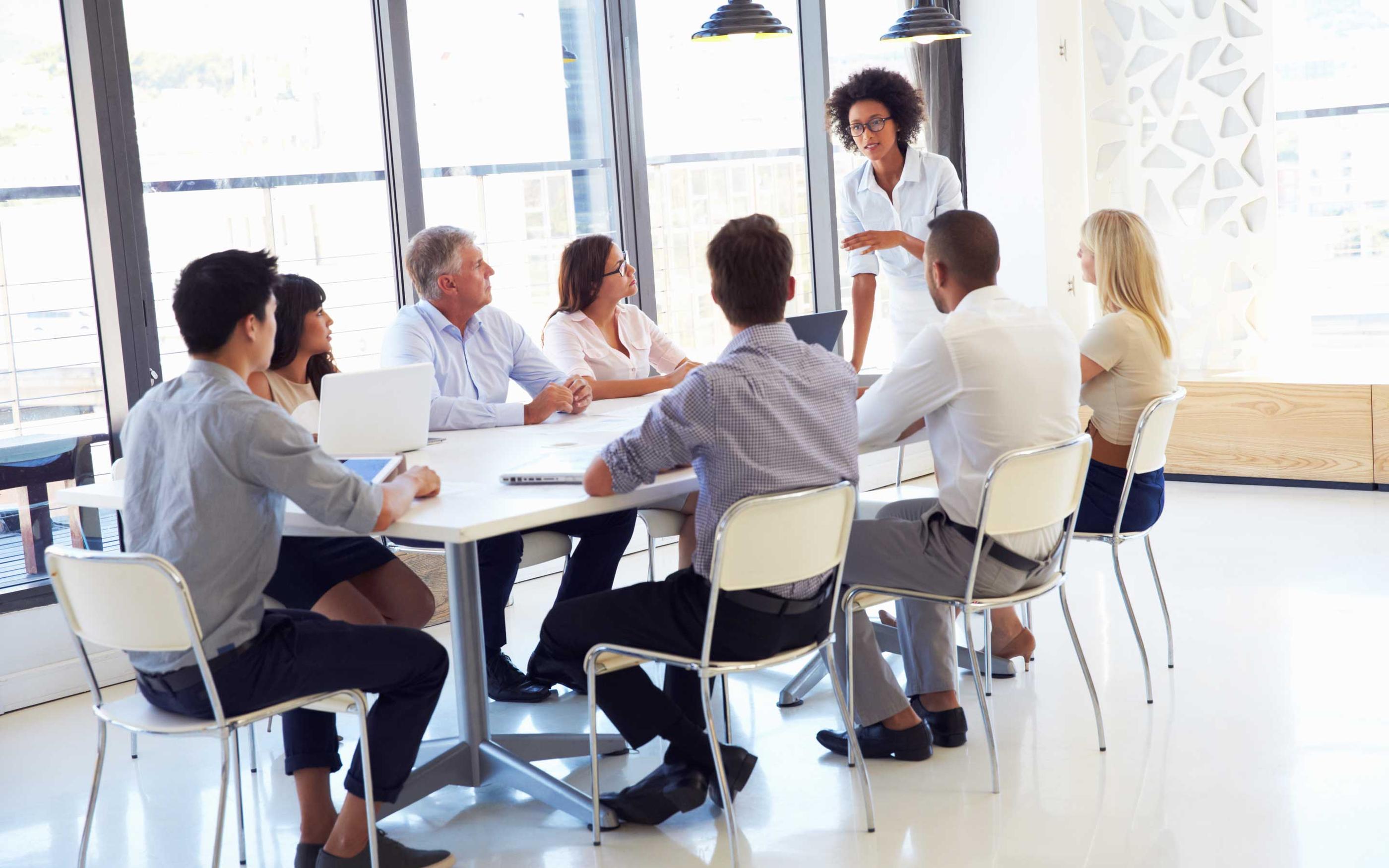 Businesswoman presenting to colleagues at a meeting