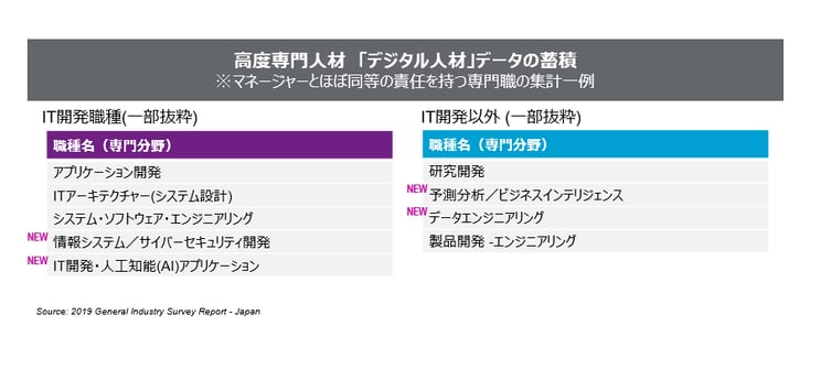 高度専門人材の職種例：アプリケーション開発、ITアーキテクチャー、予測分析/ビジネスインテリジェンス等