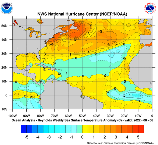 Departure of weekly average sea surface temperature from a long-term average (°C) valid on Aug 6, 2022.