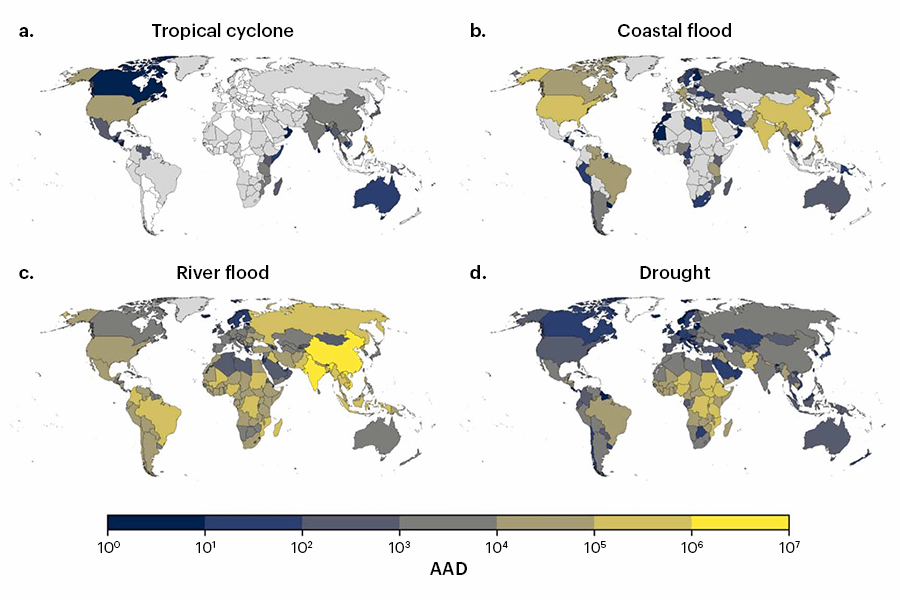 Figure 2. Average annual number of people displaced due to (a) tropical cyclones, (b) coastal floods, (c) river floods and (d) droughts (Meiler et al. 2025)