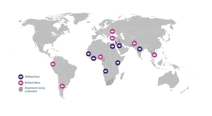 Image of world map showing the moves East and West (geopolitically speaking), as well as increases in contestation, since our prior review in our Political Risk Index in late 2023