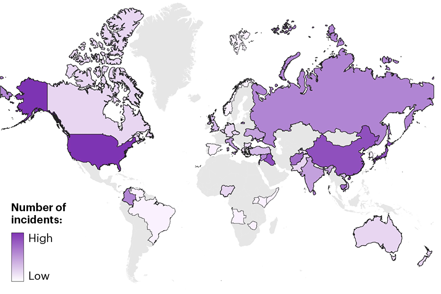 Map displaying the number of CBRN attacks from 1990 to 2024