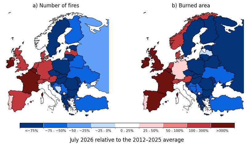 Figure 1. July 2026 wildfire activity across Europe relative to the 2012 to 2025 July average. Data: GWIS.