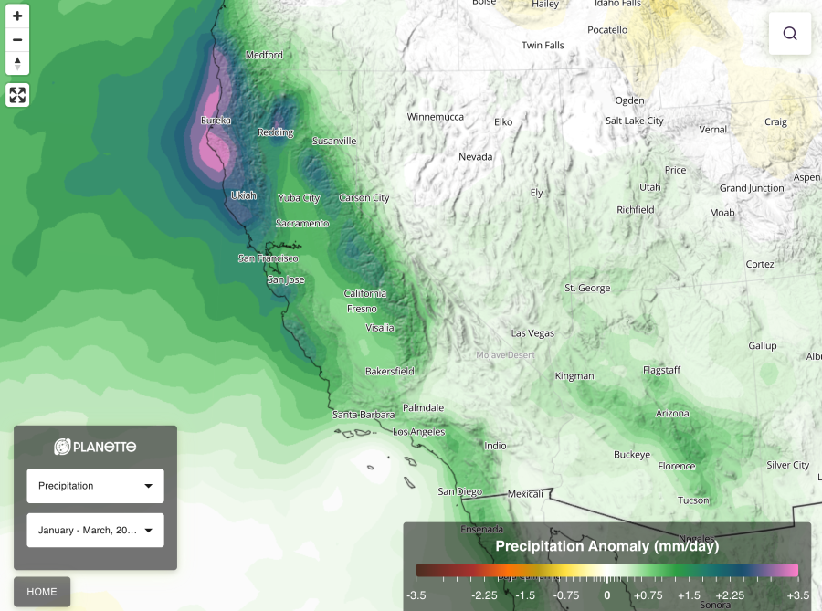 Figure 1. Models predict California will receive much more precipitation (rain and snow) than usual.