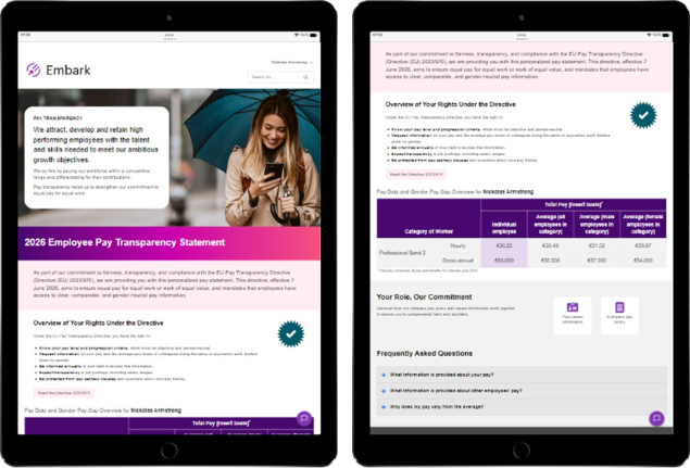 Two tablets displaying an employee pay transparency statement from Embark, including an introductory section, rights under the directive, a pay comparison table, company commitments, and a FAQ section.