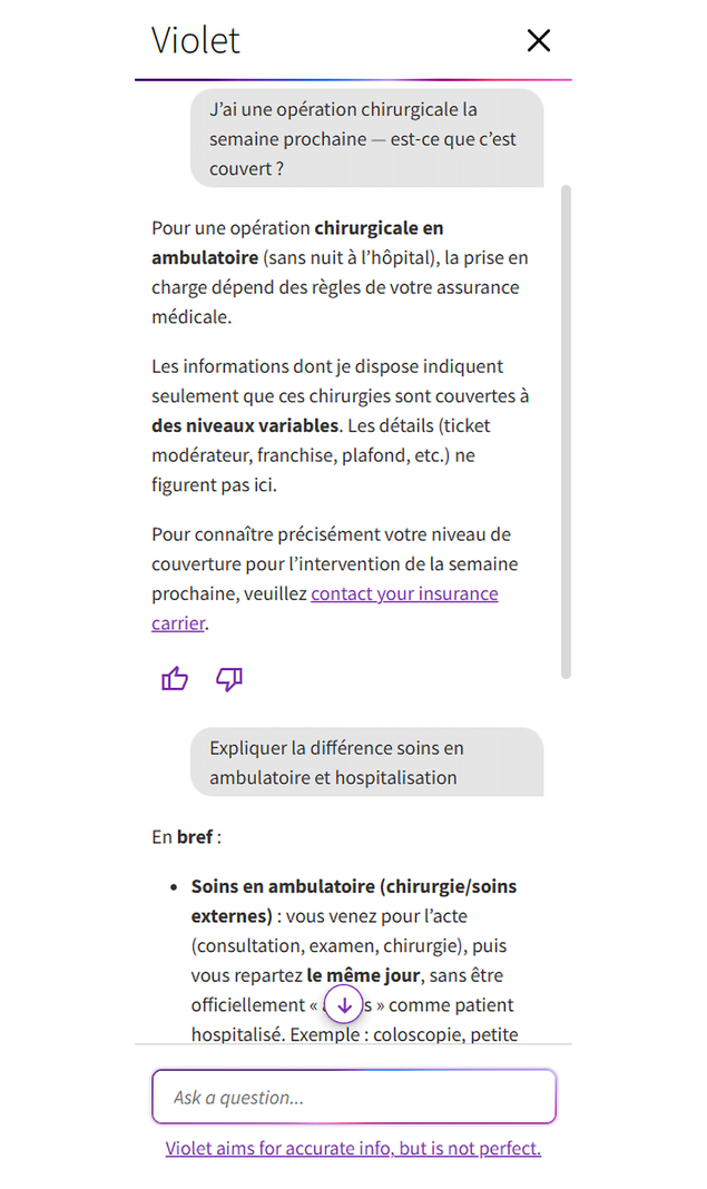 J’ai une operation chirurgicale la semaine prochaine – est-ce que c’est couvert ?  Pour une operation chirurgicale en ambulatoire (sans nuit a l’hopital), la prise en charge depend des regles de votre assurance medicale.  Les informations dont je dispose indiquent seulement que ces chirurgies sont couvertes 
