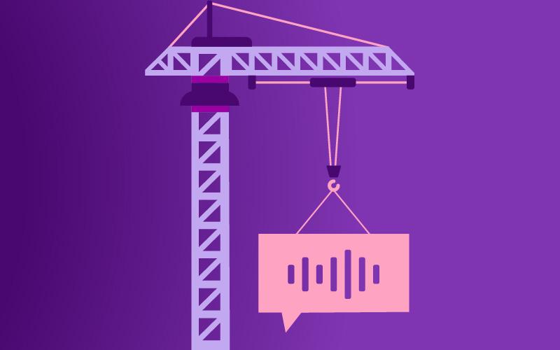 Graphic image of two construction helmets promoting the construction blueprints podcast series.
