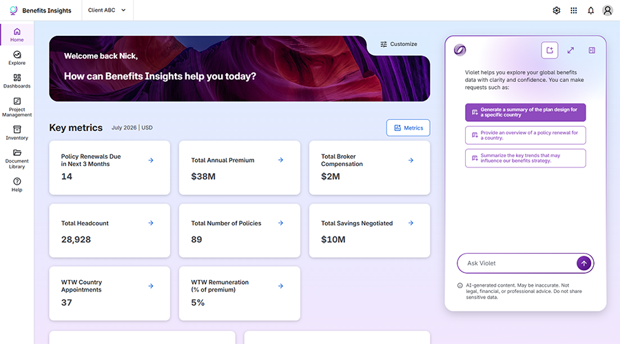 Benefits Insights home page featuring key metrics, upcoming policy renewals, annual premiums, workforce data and strategic savings opportunities. Integrated AI assistance with Violet provides rapid access to benefits intelligence, portfolio monitoring and programme-level insights.
