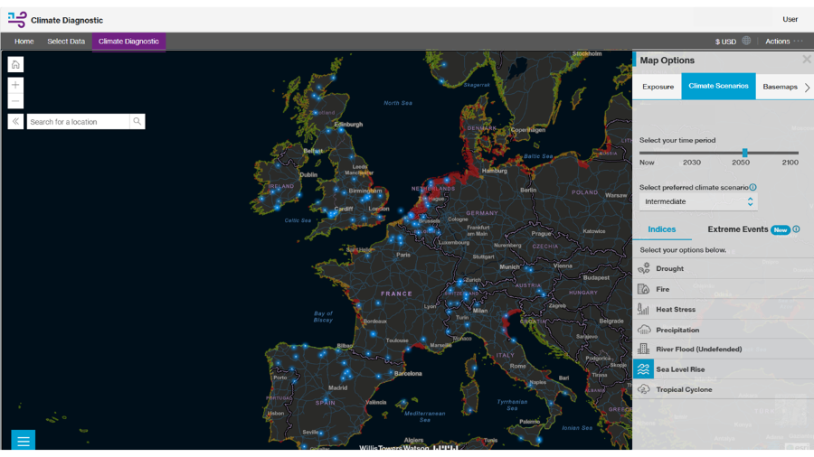 An example of the insights produced by Climate Diagnostic. Sea level rise index developed by WTW. For illustrative purposes only.