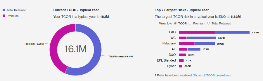 dashboard display of dynamic total cost of risk showing top risk drivers for a typical year, 
