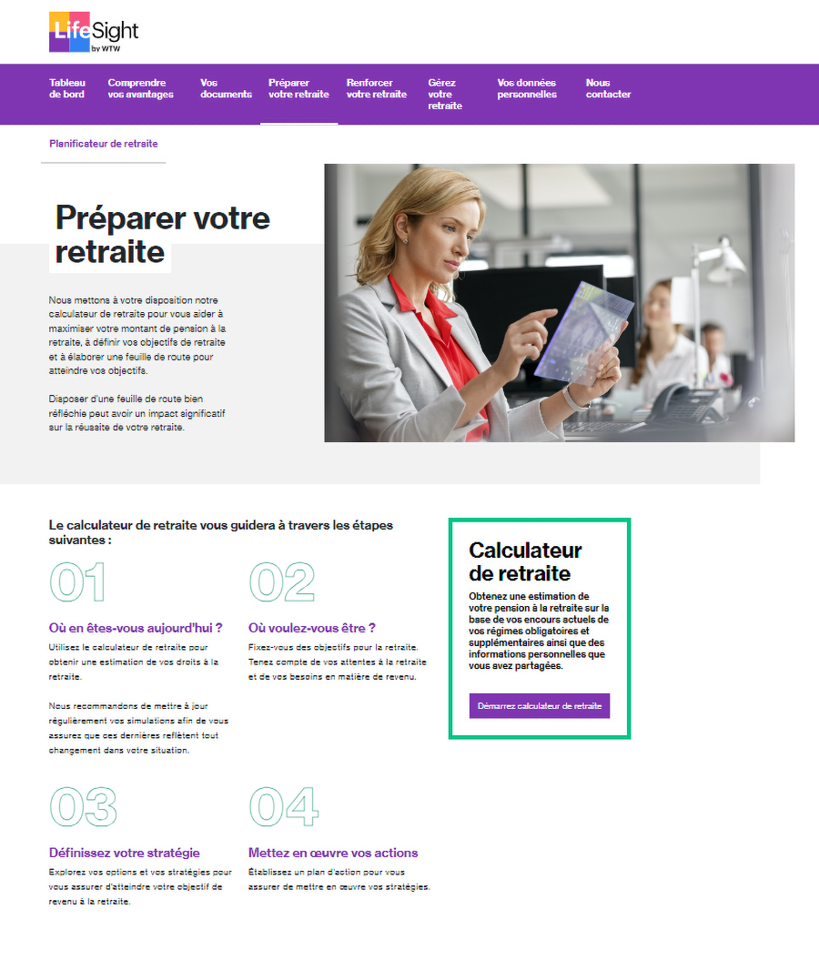 Calculateur de retraite LifeSight affichant une simulation de revenus futurs
