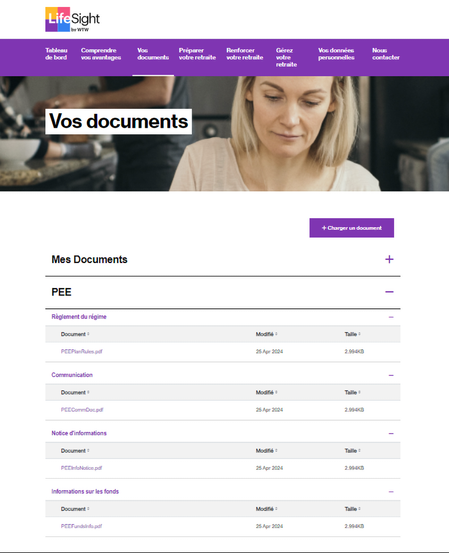 Exemple de rubrique mes documents en rapport avec le PEE généré par LifeSight
