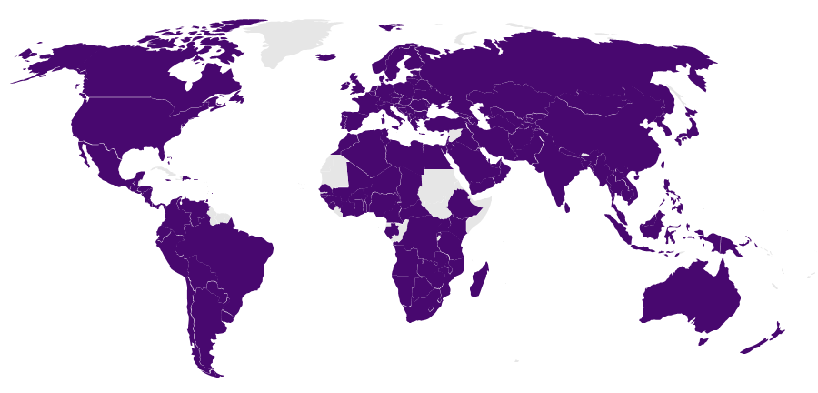 World map with 130 countries/locations in the Salary Budget Planning Survey highlighted in purple