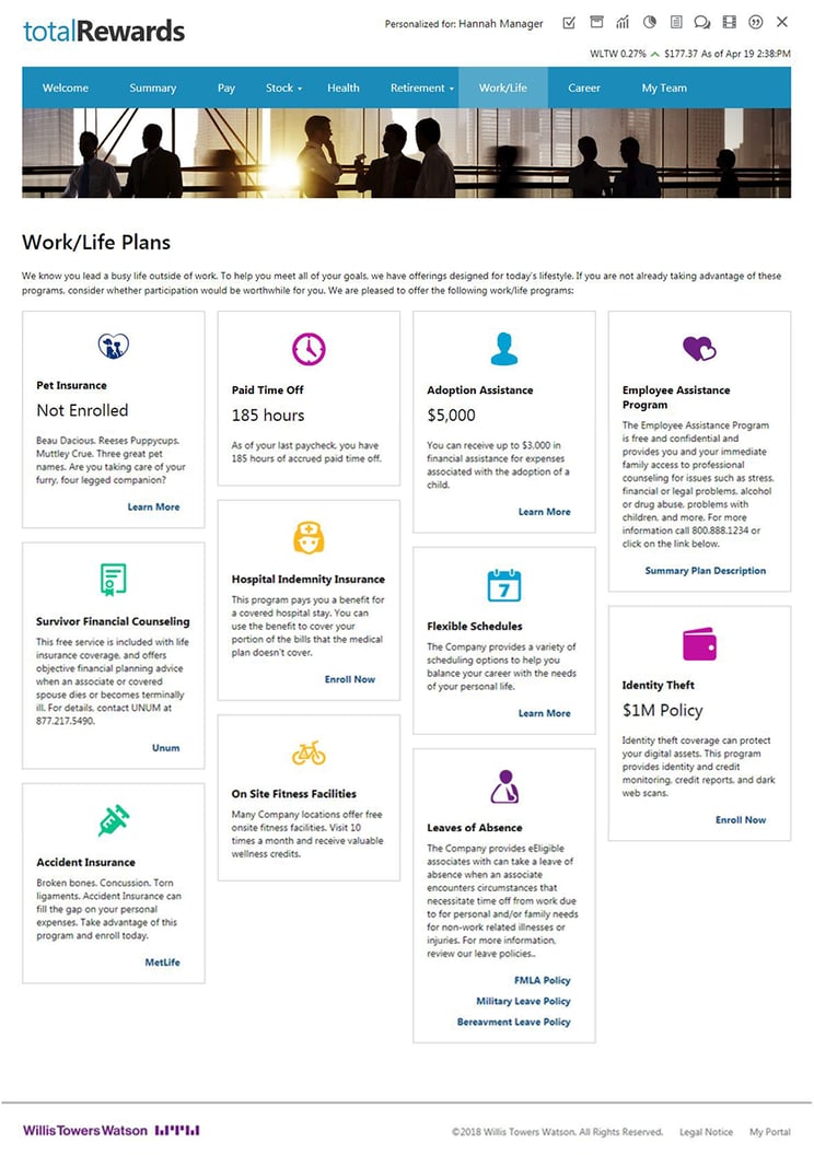 Screenshot of a sample “Work/Life Rewards” dashboard that displays tiles with the following categories: description below