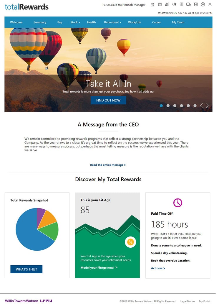 Screenshot of a sample “Discover my Total Rewards” dashboard with an image of hot air balloons, description below