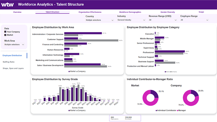 Screenshot of the Workforce Analytics HR Dashboard showing talent structure information available in the tool.