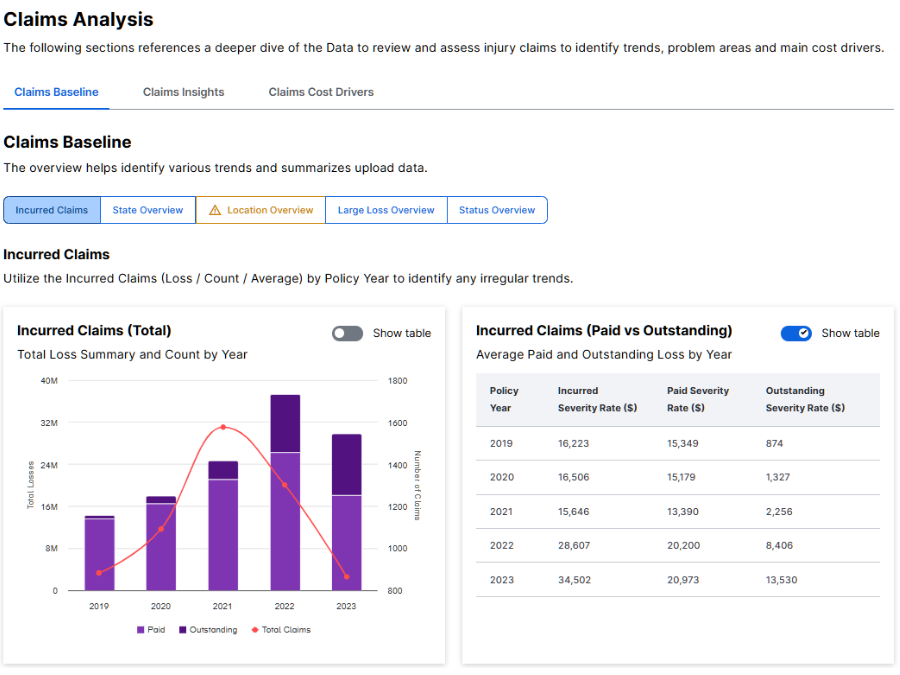 Workers’ Compensation Diagnostic screenshot showing Claims analysis Example