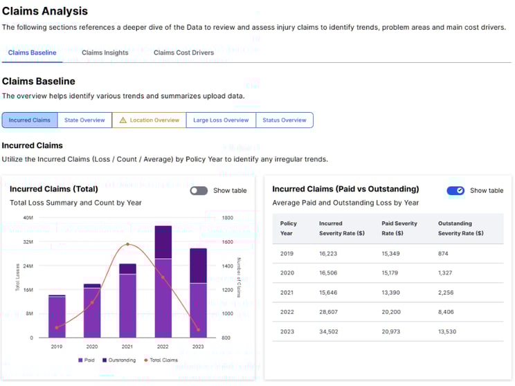 Workers’ Compensation Diagnostic screenshot showing Claims analysis Example