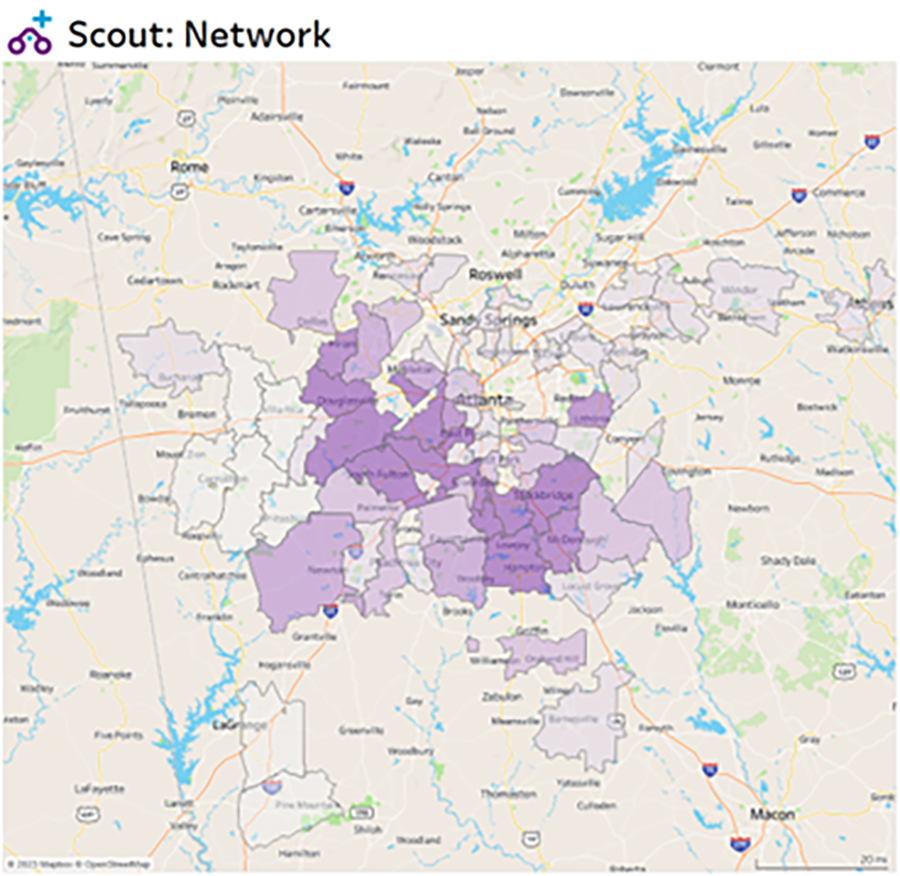 A screenshot of Scout Health Care Quality showing a map highlighting COE inputs and the Quantros score.