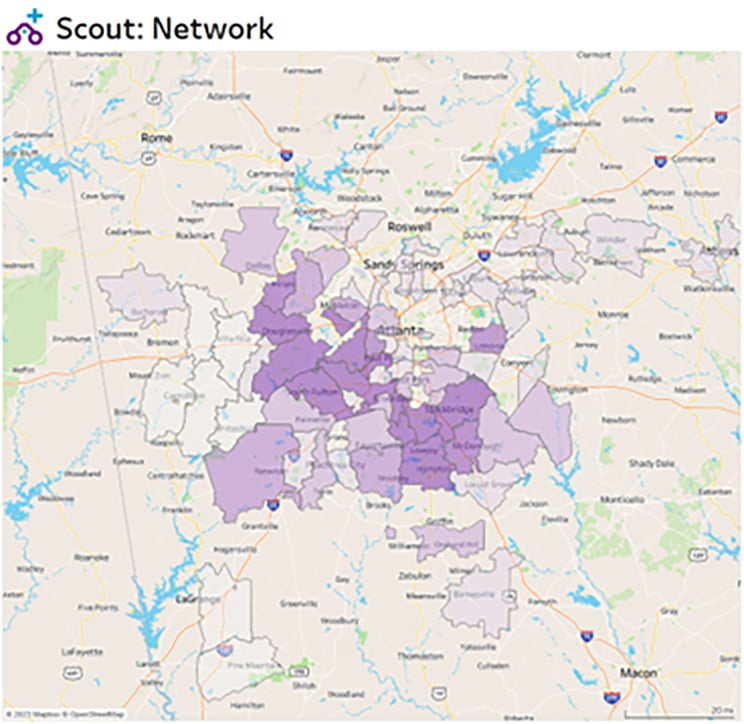 A screenshot of Scout Health Care Quality showing a map highlighting COE inputs and the Quantros score.