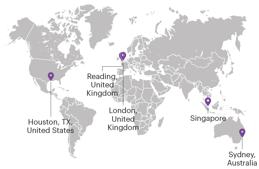 An image of a world map in gray showing the global hub locations of Alert:24's security and operational resilience advisory practice.