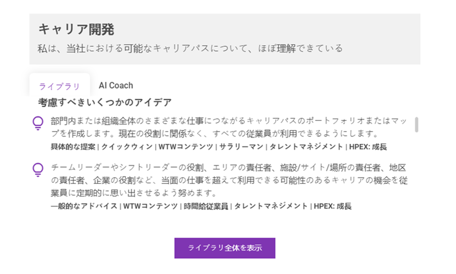 アルゴリズムによって特定された各フォーカス項目について、各組織の調査結果に基づき、アクション案をAIが提示する、世界初の機能を搭載しています。