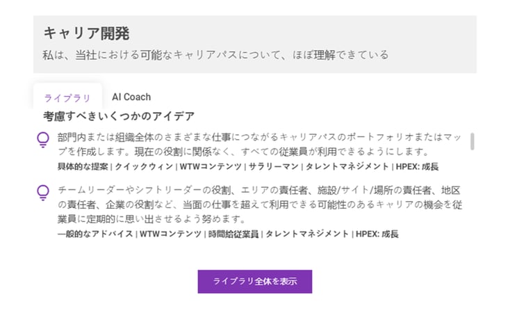 アルゴリズムによって特定された各フォーカス項目について、各組織の調査結果に基づき、アクション案をAIが提示する、世界初の機能を搭載しています。