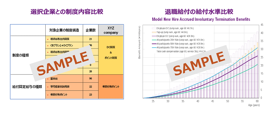 退職給付のベンチマーキングデータのサンプルイメージ（選択企業との制度内容比較、退職給付の給付水準比較）